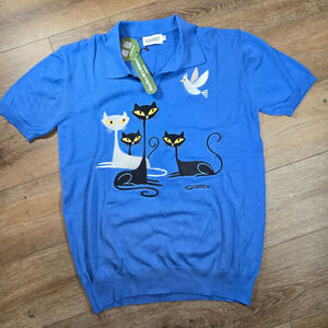 Oxknit Knit Polo Shirt L Blue Cats Retro 60s 70s Mod Preppy Streetwear Pattern